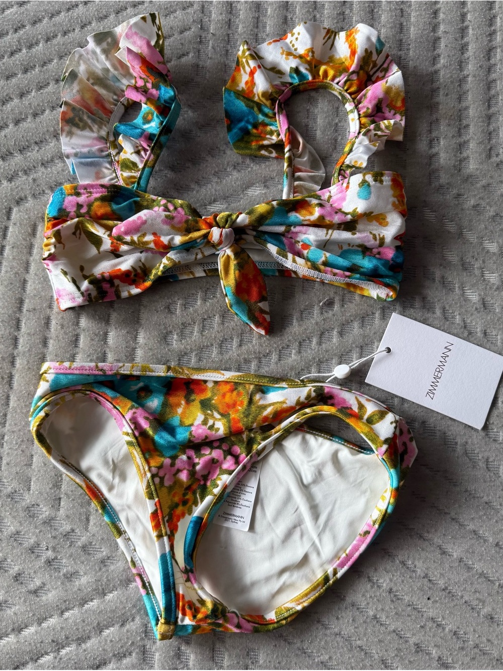 Zimmermann Kids Floral Tie-Front Bikini - White, Pink, Blue, Yellow, Green